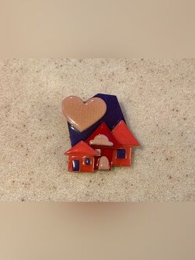 Enamel Heart & Houses Pin - Peach, Purple, Red-Orange